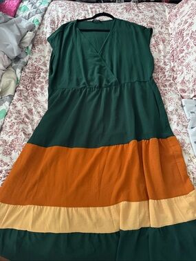 Colorblock Green & Rust Tiered Dress with Cream Accent